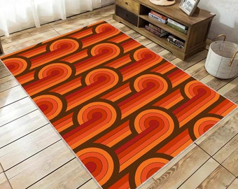 Dywanik w stylu lat 70., mata podłogowa inspirowana stylem retro, dywanik akcentowy w stylu mid-century modern, wystrój wnętrz w stylu boho