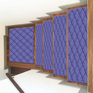 Pu&ograve; includere: Cinque pedate di scale con motivo viola e bianco con un design geometrico. Le pedate sono realizzate in un materiale morbido e resistente e sono facili da pulire.