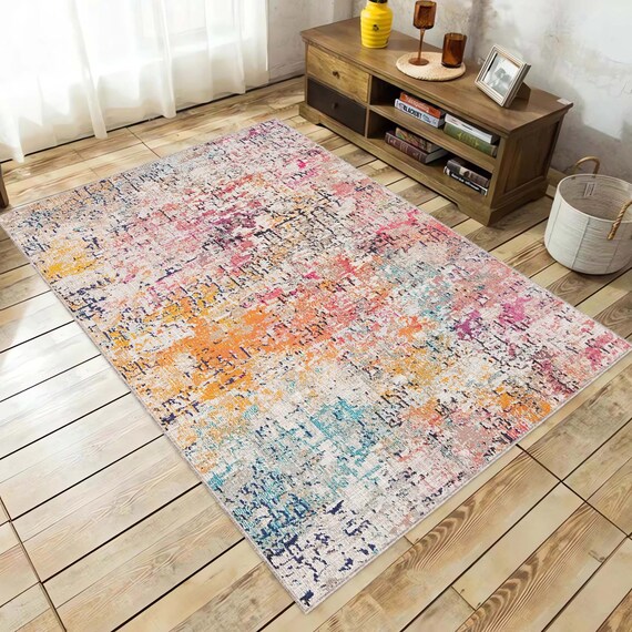 Colorful Vintage Style Rug, Modern Floor Rug, Retro Rug, Faded Rug, Machine Washable Rug, Easy to Clean, Colourful Rug, Elegant Home Decor