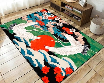 Vintage Japanese Art Rug, Animal Rugs, Japanese Rug, Salon Rug, Personalized Gifts Rugs, Japanese Art Crane Birds Rugs, Anti-Slip Carpet Rug