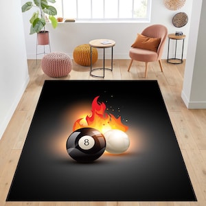 Pool Ball on Fire, Billiards Rug, Decorative Floor Rug, Billiards fan club decor, Ball Design Area Rug, Player Gift for Him, Game Room Rug