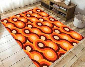 Brązowo-pomarańczowy dywan retro z połowy XX wieku, dywan o geometrycznym wzorze, mata podłogowa inspirowana stylem vintage, akcent w domu w stylu boho chic, przyciągający wzrok wystrój