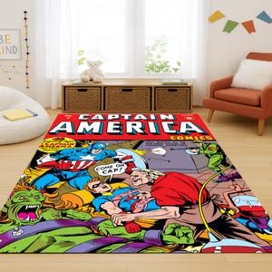 Captain America Rug, Comic Rug, Superhero Rug, Kids Room Decor Rug, Hero Floor Mat, Colorful Rug, Room Accent, Comic Book Art Rug