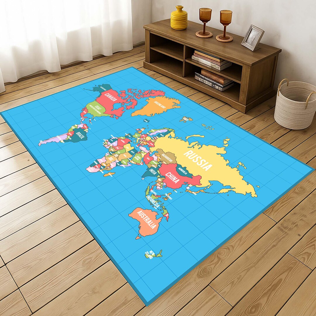 World Map Rug, Kids Room Carpet, Educational Map Rug, Geography Play ...