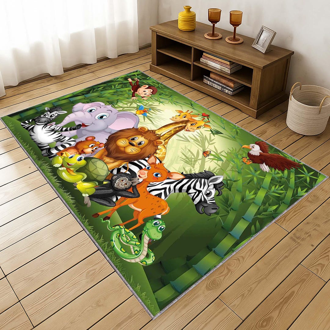 Cute Jungle Animal Rug, Safari Kids Room Carpet, Cartoon Baby Nursery ...