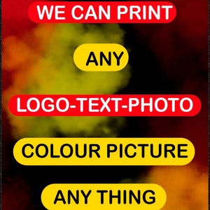 Może przedstawiać: Projekt graficzny z czarnym tłem i kolorowymi efektami dymu. Tekst "WE CAN PRINT ANY LOGO-TEXT-PHOTO COLOUR PICTURE ANYTHING" jest wyświetlany w kolorze czerwonym i ż&oacute;łtym.