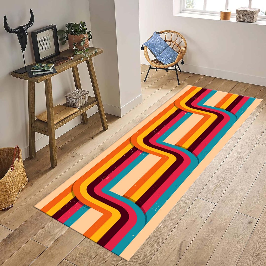 Retro Runner Rug, Colorful Hallway Rug, Vintage Design Striped Carpet ...