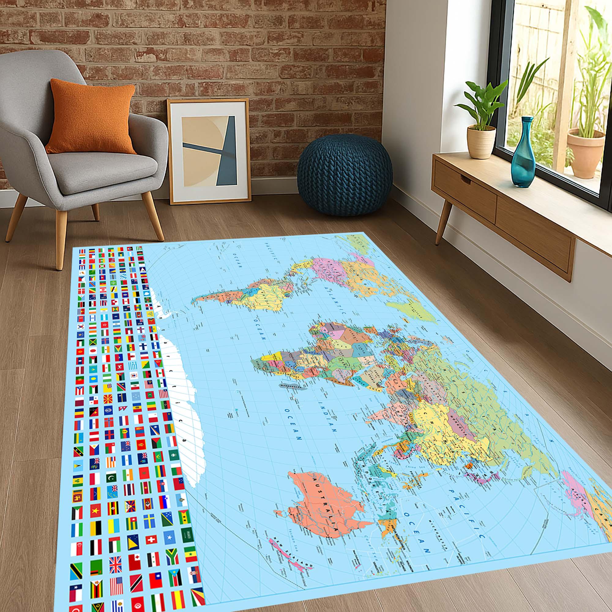 World Map Rug With Flags, Educational Geography Carpet, Kids Learning ...