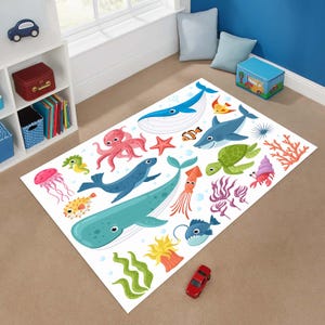 Ocean Theme Kids Rug, Sea Animal Play Mat, Cartoon Whale Shark, Underwater Nursery Decor, Marine Life Floor Rug,Colorful Baby Room Accessory