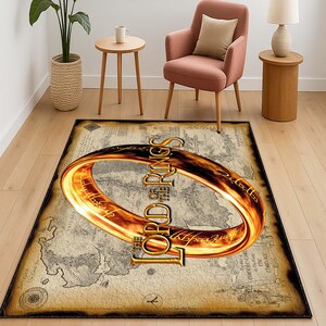 Alfombra de El Señor de los Anillos, decoración de la Tierra Media, alfombra de fantasía, alfombra inspirada en películas, mapa de la Tierra Media, decoración geek, regalo épico para fans