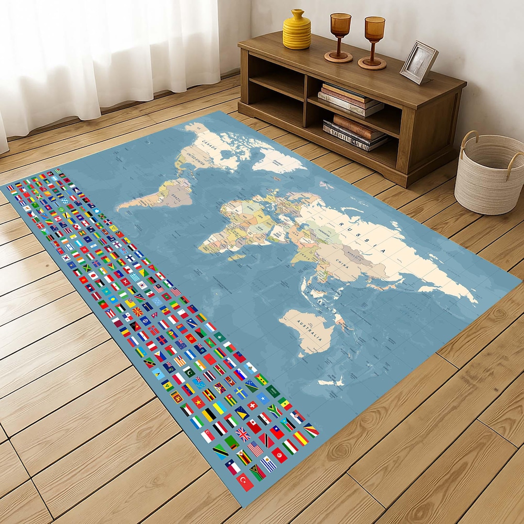 World Map Rug With Flags, Educational Geography Carpet, Kids Learning ...
