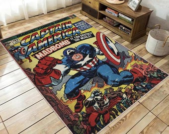 Könnte beinhalten: Ein rechteckiger Teppich mit einem Comic-Cover-Design von Captain America. Der Teppich zeigt den Titel des Comics "Captain America Madbomb" mit leuchtenden Farben und Illustrationen des Superhelden in Aktion.