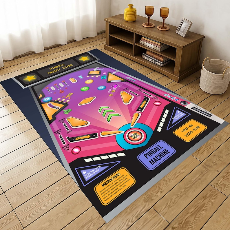 Pinball Machine Arcade Game Rug, Retro Gaming Carpet, Gamer Room Decor ...
