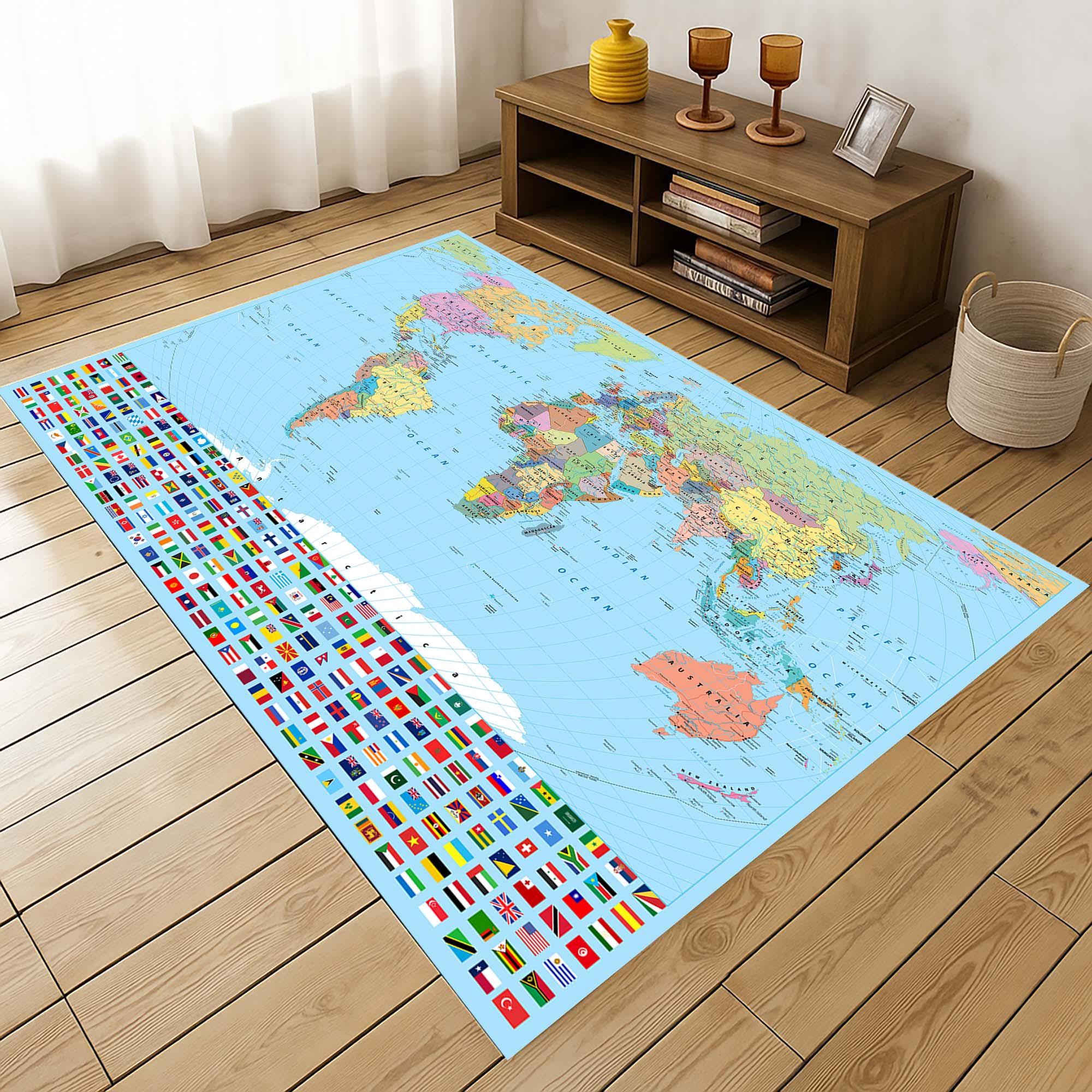 World Map Rug With Flags, Educational Geography Carpet, Kids Learning ...