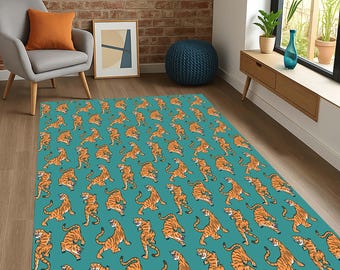 Tiger Print Rug, Kids Room Carpet, Animal Pattern Mat, Jungle Theme Rug, Cartoon Tiger Carpet, Safari Room Rug, Playroom Mat, Tiger Area Rug