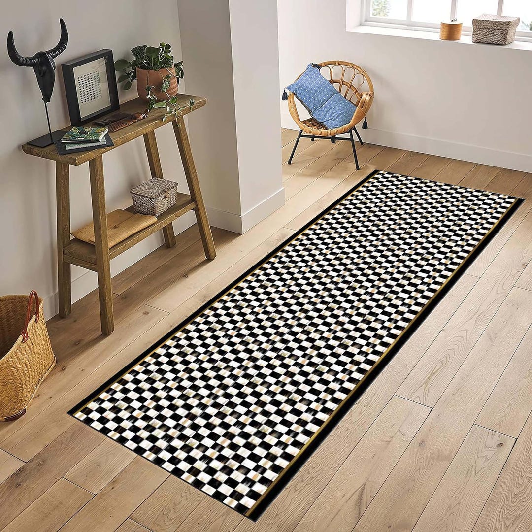 Checkers Area Rug, Black Striped Runner, Non Slip Carpet, Chessboard ...
