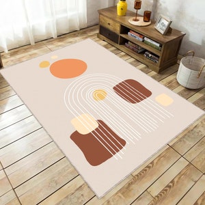 Alfombra minimalista geométrica de mediados de siglo, beige y naranja, para sala de estar, decoración moderna de mediados de siglo, para dormitorio.