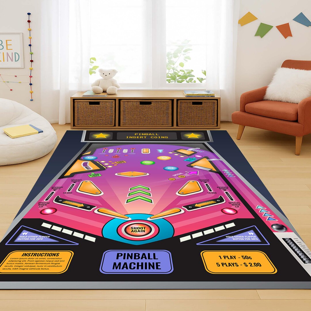 Pinball Machine Arcade Game Rug, Retro Gaming Carpet, Gamer Room Decor ...