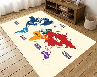May include: A rectangular area rug featuring a colorful world map design. The continents are depicted in various colors, with the oceans labeled. The rug is placed on a wooden floor, with furniture in the background.