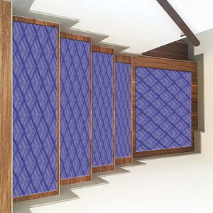 Pu&ograve; includere: Un set di cinque pedate per scale con un motivo geometrico in tonalit&agrave; di viola e bianco. Le pedate sono realizzate in un materiale morbido e resistente e sono progettate per aiutare a prevenire scivoloni e cadute.