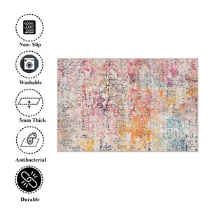 May include: A colorful abstract area rug with a white background and splashes of pink, orange, yellow, blue, and green. The rug is 5mm thick and has a non-slip backing. It is also washable, antibacterial, and durable.