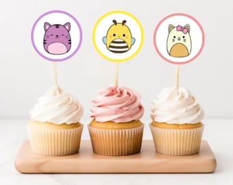 Set of 15 Squishmallow Cupcake Toppers, Kids Birthday Party, Treat Table