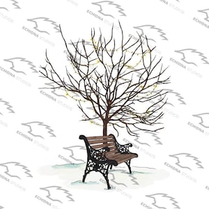 May include: A black metal bench with a wooden seat sits under a bare tree with string lights. The tree is in a snowy setting.