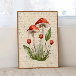 Póster botánico con diseño de hongos para pared, impresión estética cottagecore, obra de arte de bosque primaveral, decoración de granja moderna con dibujo de hongos en letras.