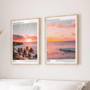 Küsten Sonnenuntergang Druck 2er Set Beachy Wandkunst, Ozean Definition Poster Palme Fotodruck, modernes Strandhaus Dekor bunt Galeriewand