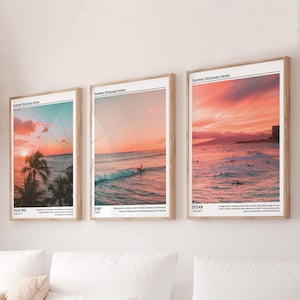 Ästhetisches Küstenleben Druck 3er-Set Sonnenuntergang Poster, Trendige Strand Fotografie Bunt Tropisch Wandkunst, Palm Surf Ocean Definition Poster