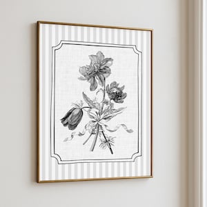 Elegante cuadro floral para pared, decoración rústica neutra, boceto floral de estilo vintage con estampado de rayas, lámina de arte lineal de inspiración botánica sencilla.