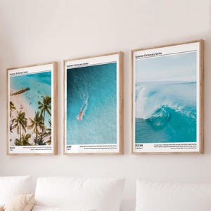 Juego de 3 carteles de fotografía de playa con arte de pared costero, impresión de olas del océano, definición de surf, arte de pared, decoración azul sobre la cama, galería playera