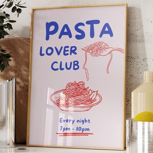 Club de amantes de la pasta imprimible, arte mural de cocina italiana de moda, regalo retro para amantes de la pasta, *descarga digital*, póster de espaguetis, decoración bonita para dormitorio