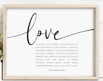 Love Is Patient, Love Is Kind PRINTABLE, 1 Corinthians 13:4-8, *DIGITAL DOWNLOAD*, Modern Christian Decor, Minimalist Bible Verse Wall Art