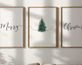 Merry Christmas Set of 3 PRINTABLES, Christmas Tree Sign, *DIGITAL DOWNLOADS*, Christmas Gift, Seasonal Wall Art, Modern Holiday Decor