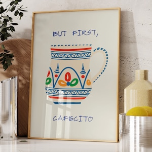 Ale najpierw Cafecito DO DRUKU, hiszpański plakat z kawą, latynoska sztuka ścienna do kuchni, POBIERANIE CYFROWE, dekoracja wózka baru kawowego, uroczy nadruk na kubku do kawy