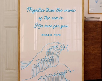 Salmo 93:4 IMPRIMIBLE, Más poderoso que las olas del mar, *DESCARGA DIGITAL*, Arte mural cristiano azul costero, Decoración bíblica moderna con océano