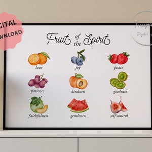 Può includere: Un design di arte da parete stampabile che presenta i frutti dello spirito. Il design include illustrazioni di un'arancia, mirtilli, fragole, uva, una pesca, kiwi, melone cantalupo, anguria e fichi. Il testo "Fruit of the Spirit" è scritto in corsivo nella parte superiore del design. Ogni frutto è abbinato a una parola, come "amore", "gioia", "pace", "pazienza", "bontà", "benevolenza", "fedeltà", "mansuetudine" e "dominio di sé".