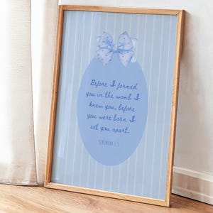 Jeremiasz 1:5 Vintage PRINTABLE, Chrześcijańska sztuka ścienna do pokoju dziecięcego dla chłopca, Zanim cię uformowałem, CYFROWE POBIERANIE, Blue Cottagecore Scripture Decor