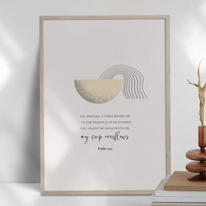 Mój kubek przelewa się do druku, Psalm 23:5, Nowoczesna sztuka ścienna z wersetami biblijnymi, *POBIERANIE CYFROWE*, Estetyczny plakat z fragmentem Pisma Świętego, Wystrój kuchni chrześcijańskiej