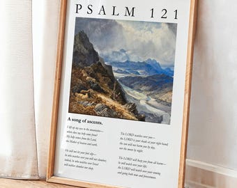 Peut inclure: Une affiche encadrée avec le texte "PSALM 121" en haut. L'œuvre d'art représente un paysage de montagne avec une rivière. Le texte "A song of ascents" est en dessous, avec le texte du Psaume.