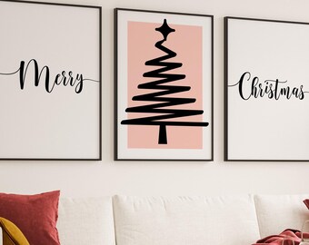 Merry Christmas Set of 3 PRINTABLES, Modern Christmas Posters, DIGITAL DOWNLOADS, Seasonal Home Art, Christmas Tree Wall Art, Holiday Decor