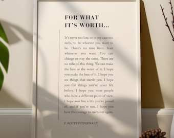 For What It's Worth PRINTABLE, F Scott Fitzgerald Quote, Motivational Wall Art, *DIGITAL DOWNLOAD*, Literary Text Poster, Home Office Decor