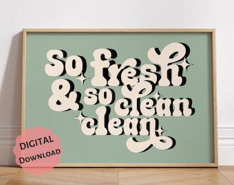 Arte de pared para lavandería, imprimible horizontal, fresco y limpio, estilo retro verde, *DESCARGA DIGITAL*, decoración tipográfica moderna para el baño.