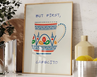 But First Cafecito PRINTABLE, Spanish Coffee Poster, Latino Kitchen Wall Art, DIGITAL DOWNLOAD, Coffee Bar Cart Decor, Cute Coffee Mug Print