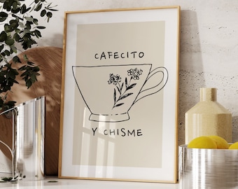 Cafecito y Chisme PRINTABLE, Spanish Coffee Poster, Kitchen Wall Art, *DIGITAL DOWNLOAD*, Cute Coffee Cup Sign, Minimalist Coffee Lover Gift