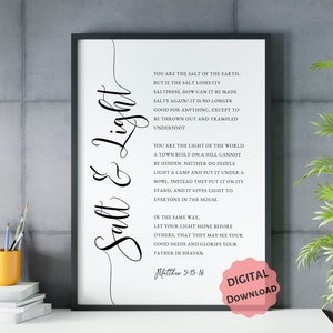 Salt and Light PRINTABLE, Matthew 5:13-16, Minimalist Bible Verse Wall Art, DIGITAL DOWNLOAD, Modern Christian Home Decor, Scripture Poster