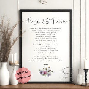 Prayer of St. Francis of Assissi PRINTABLE, Catholic Prayer Wall Decor, Peace Prayer Poster, *DIGITAL DOWNLOAD*, Christian Home Decor, 5JPG