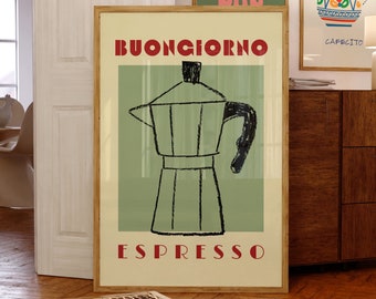Buongiorno Espresso Coffee Wall Art PRINTABLE, Cute Moka Pot Poster, Retro Italian Kitchen Decor, *DIGITAL DOWNLOAD*, Coffee Bar Cart Print