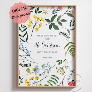 Mateo 28:6 NVI (imprimible), Resucitó, Arte mural de Pascua, *DESCARGA DIGITAL*, Señal de Resurrección, Póster floral de las Escrituras, Decoración cristiana